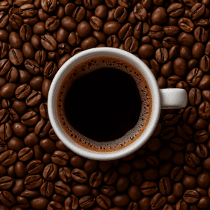 Coffee cup surrounded by coffee beans