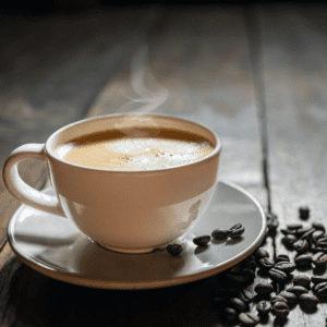 Steaming coffee cup with coffee beans