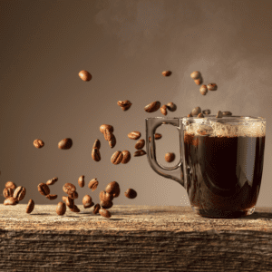 Freshly brewed coffee and falling beans
