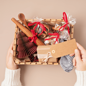 Holiday-themed basket with wrapped presents