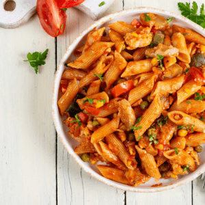 Delicious pasta meal with fresh ingredients.