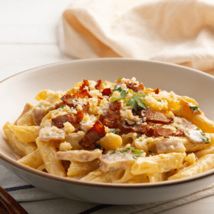 Delicious pasta dish with crispy bacon