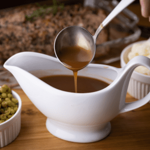 Gravy being served on a wooden table