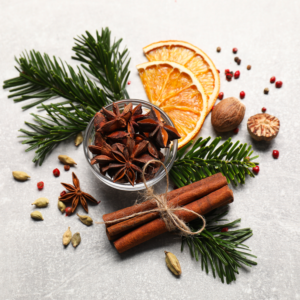 Spices and dried orange with evergreen branches