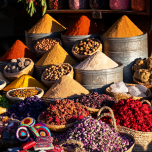 Colorful spices displayed in a market
