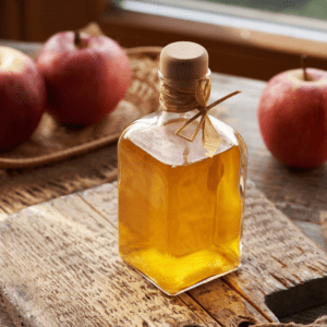 Rustic bottle with apples in background