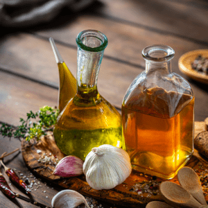 Kitchen ingredients with oil and garlic cloves
