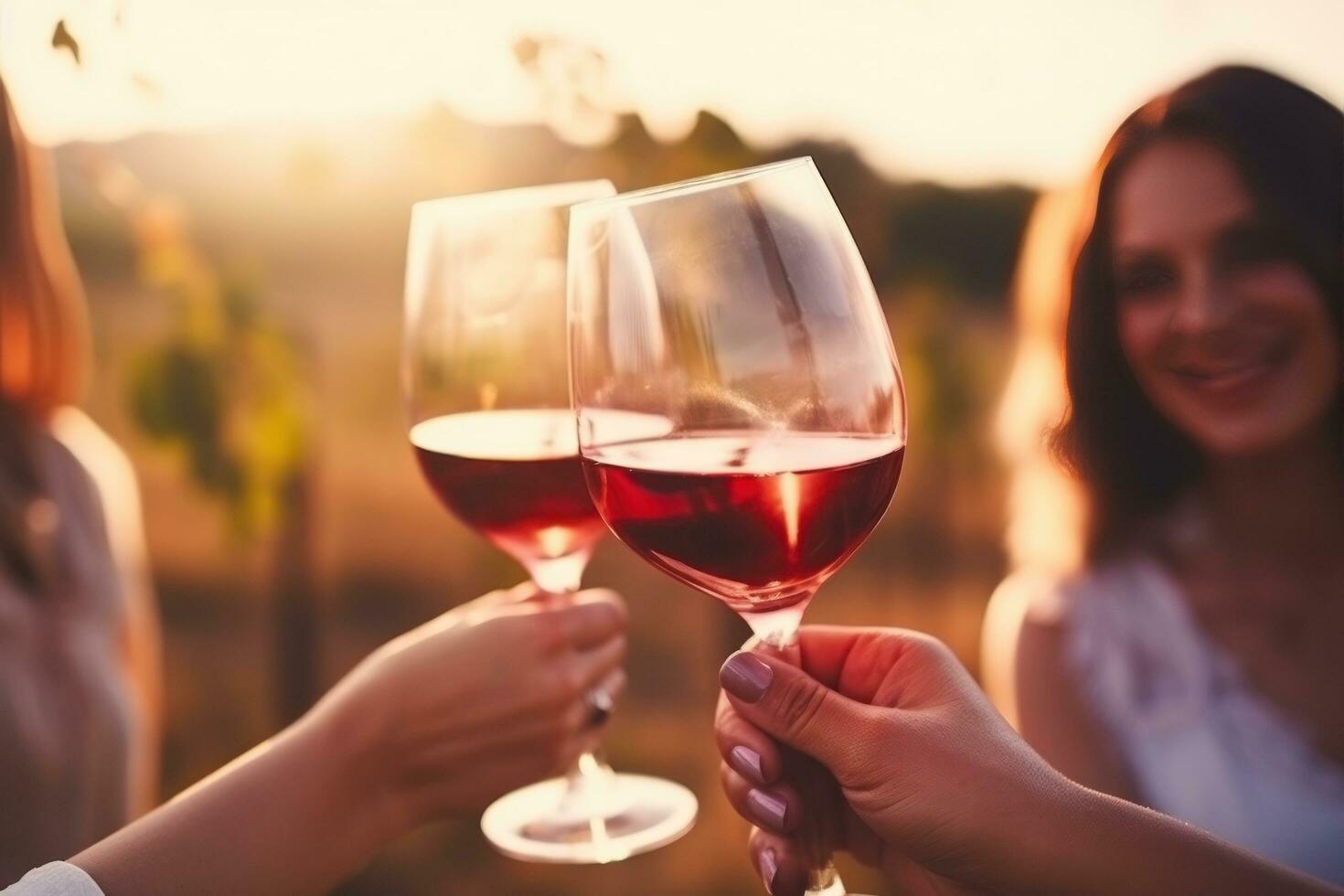 Friends toasting red wine glasses at sunset