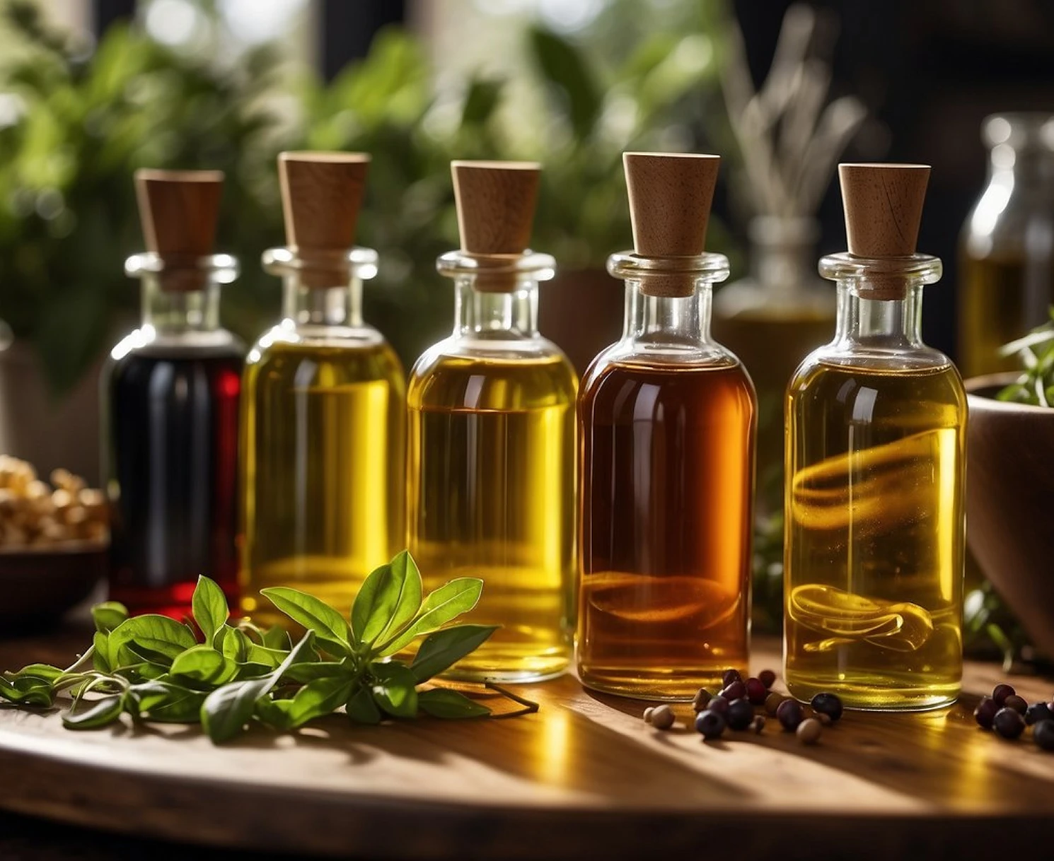 Glass bottles of cooking oils with herbs